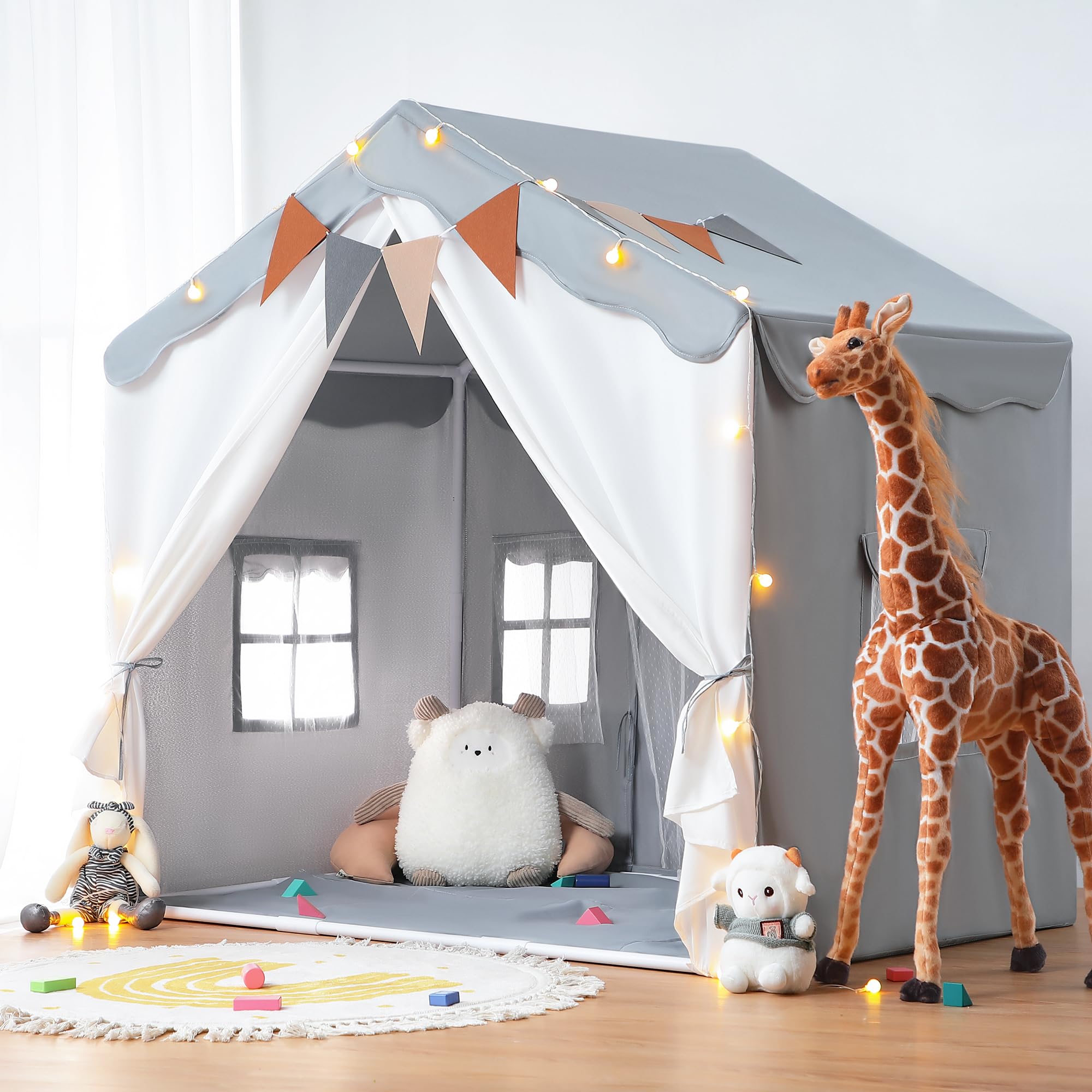 besrey 2-in-1 Kids Play House Tent for Girls & Boys – Indoor Toddler Tent with Lights & Pad, Children Tents for Kids & Toddlers, Large Bed Tents, Princess Playhouse with 2 Doors grey