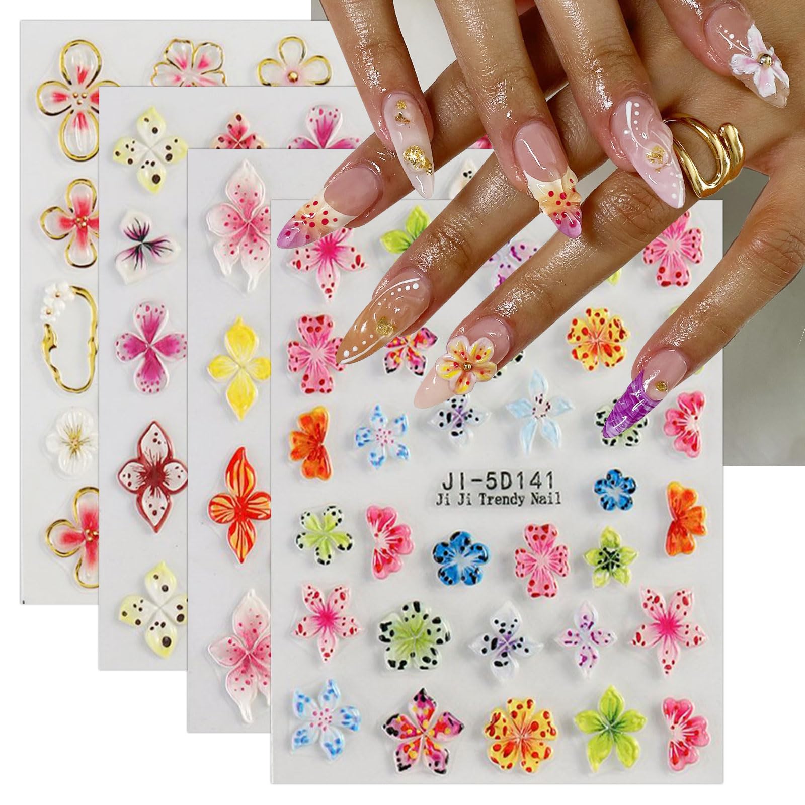 Photo 1 of JMEOWIO 3D Embossed Colorful Flower Nail Art Stickers Decals Self-Adhesive 5D Spring Summer Floral Nail Supplies Nail Art Design Decoration Accessories 4 Sheets