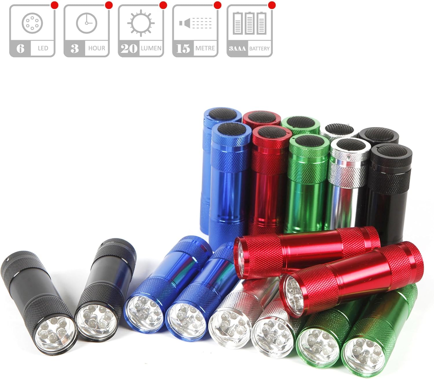 FASTPRO 20-pack Aluminum 6-LED Flashlights Set with Lanyard and 60-piece AAA Batteries Included and Pre-installed - - 