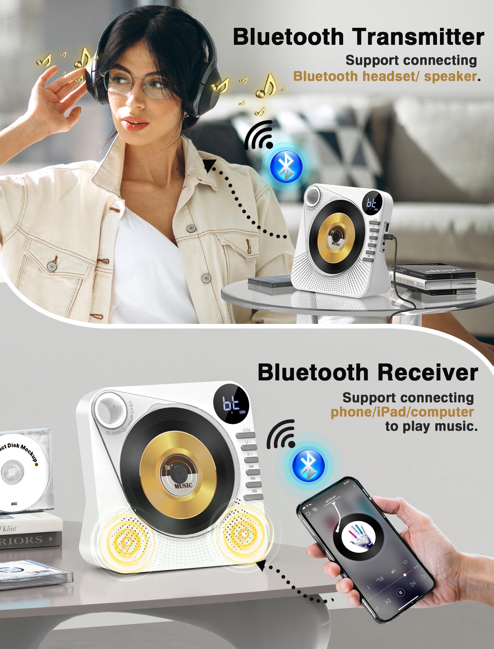 Desktop CD Player Bluetooth with HiFi Dual Speaker, CD Player for Home with Remote Control,Dust Cover,LCD Display,Sleep Timer,EQ Sound,USB/AUX/3.5mm Earphone Jack for Home,Kids,Gift