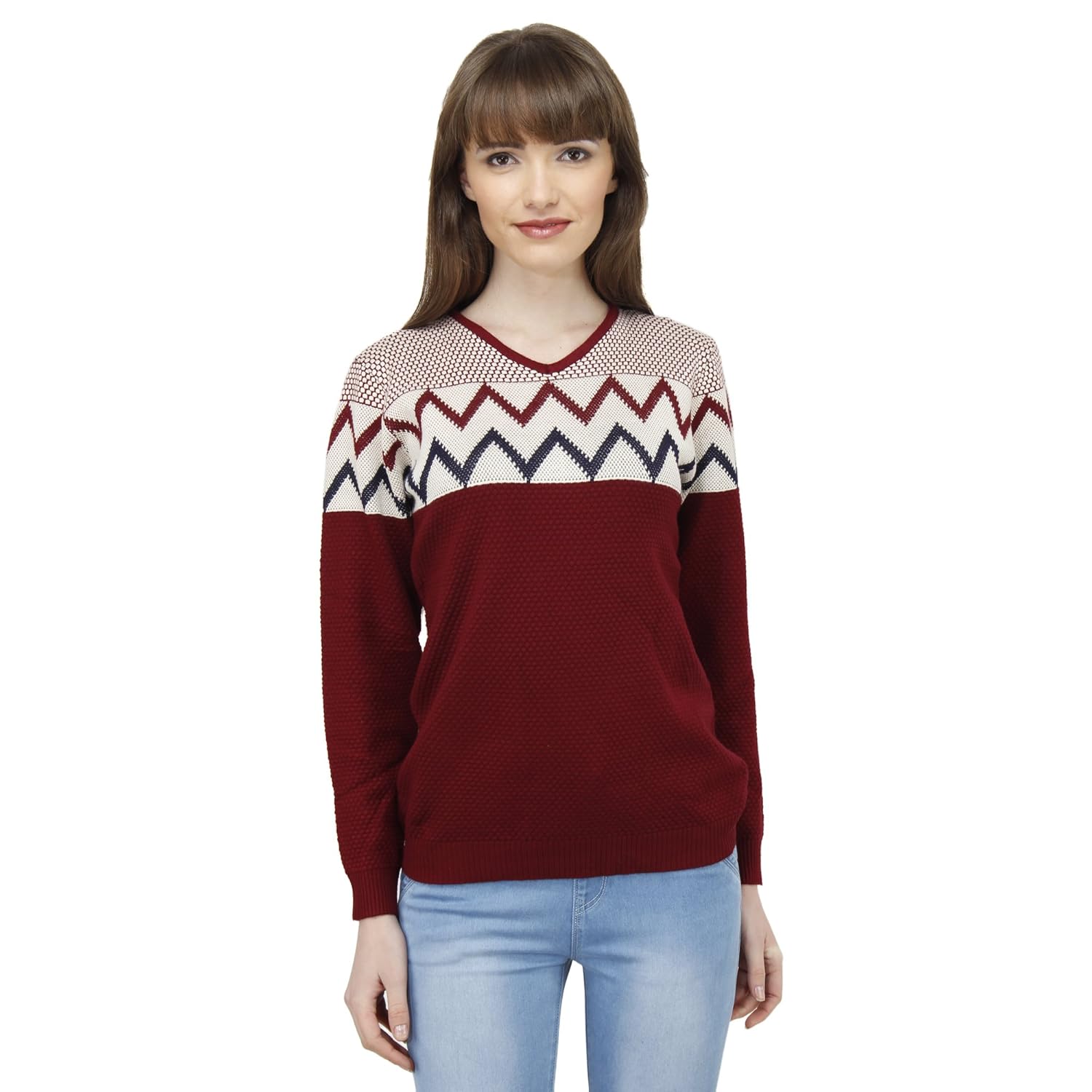 camey women's acrylic winter zig-zag woolen top (red, free size)