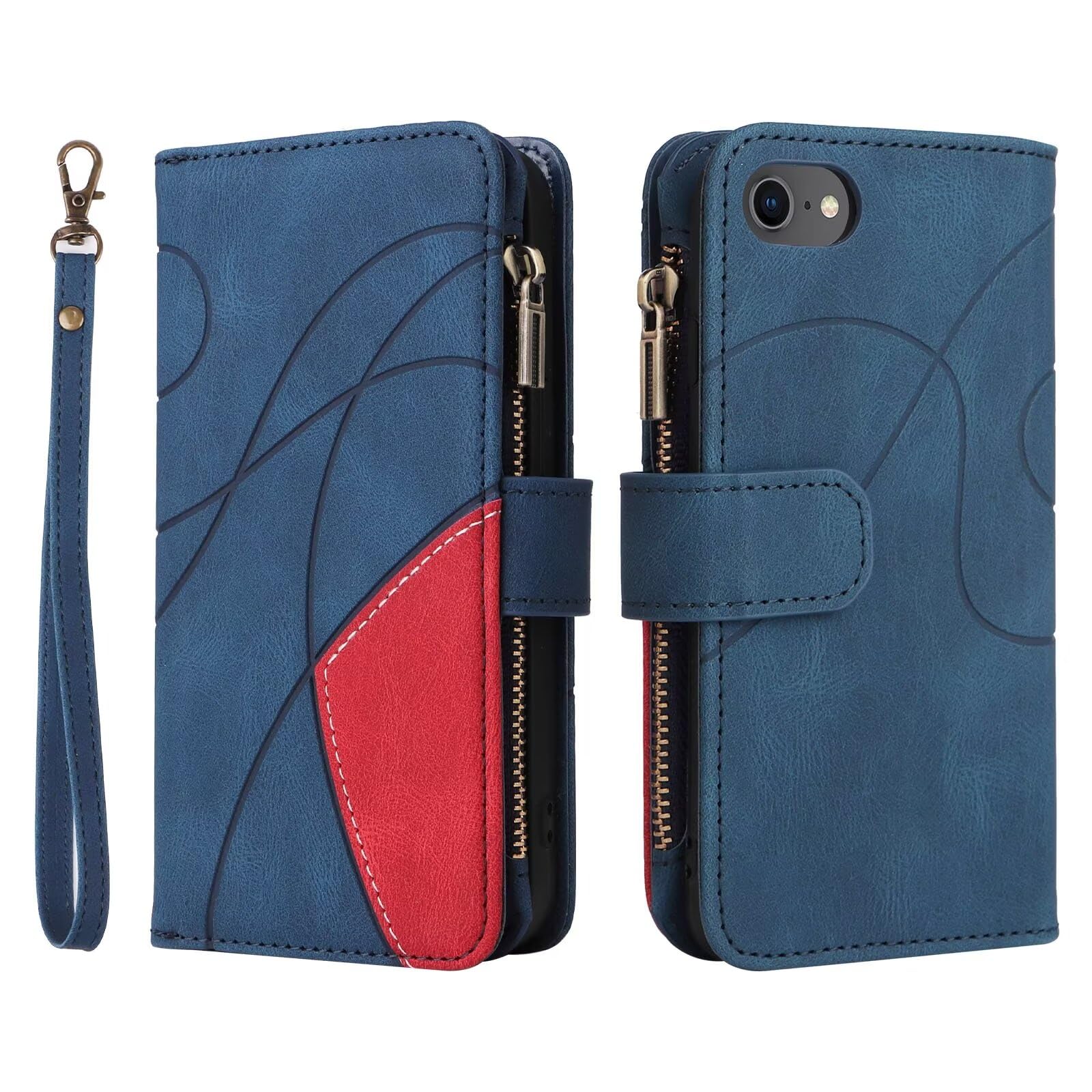 For iPhone SE 3/2 (2022/2020 Edition) iPhone 8 7 Zipper Case 9 Card Slots with Strap Wallet Handbag Phone Case Stand Zip Pocket Phone Cover Stand Protective Folio Magnetic Shell Folding Cover - Blue