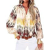 MASCOMODA Womens V Neck Floral Long Sleeve Tops 2026 Summer Casual Loose Puff Sleeve Chiffon Boho Work Blouse Dressy T Shirts