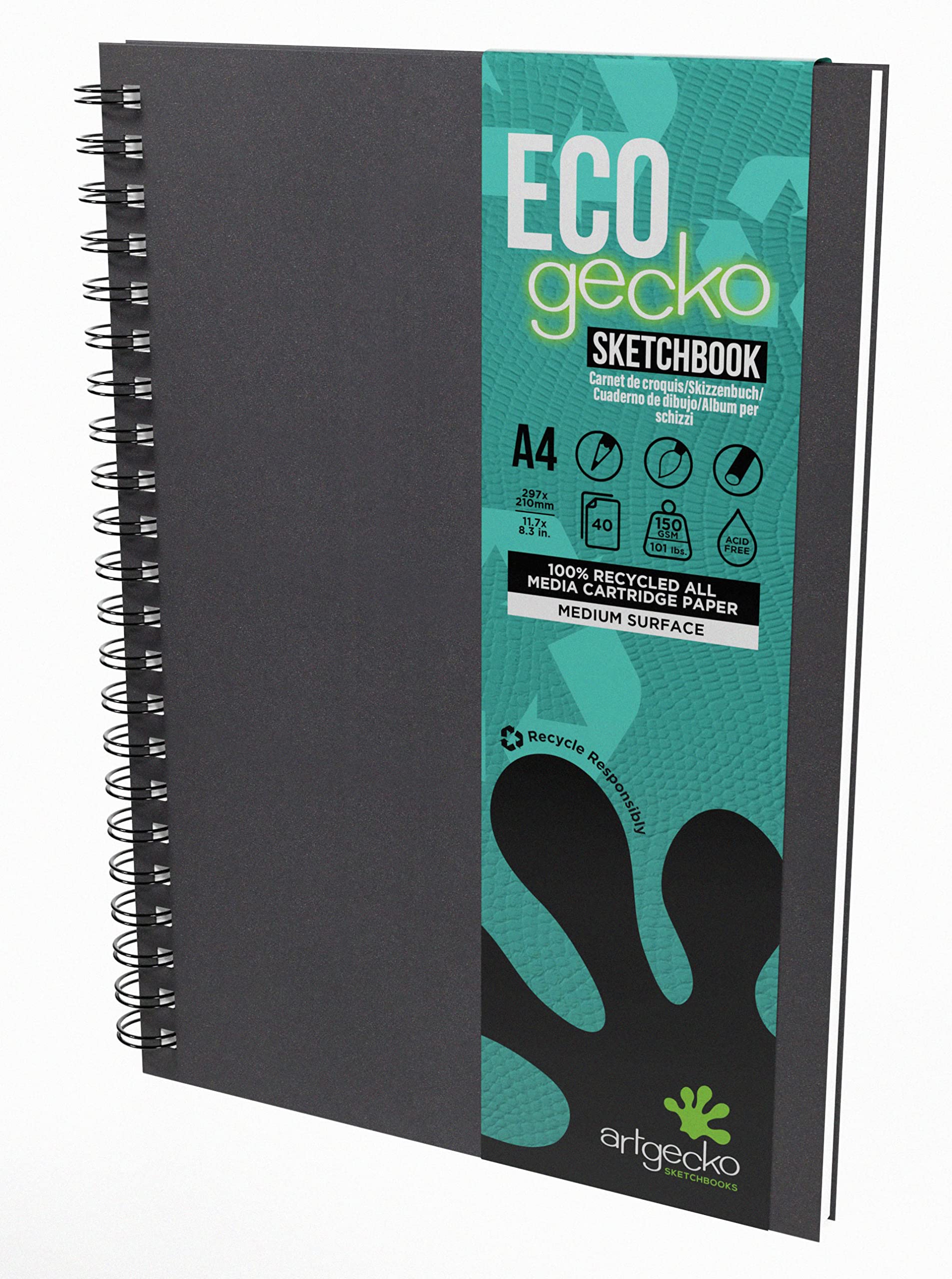 Artgecko Recycled Sketch Book A4 Portrait - 80 Pages (40 Sheets) 150gsm Recycled White Cartridge Paper