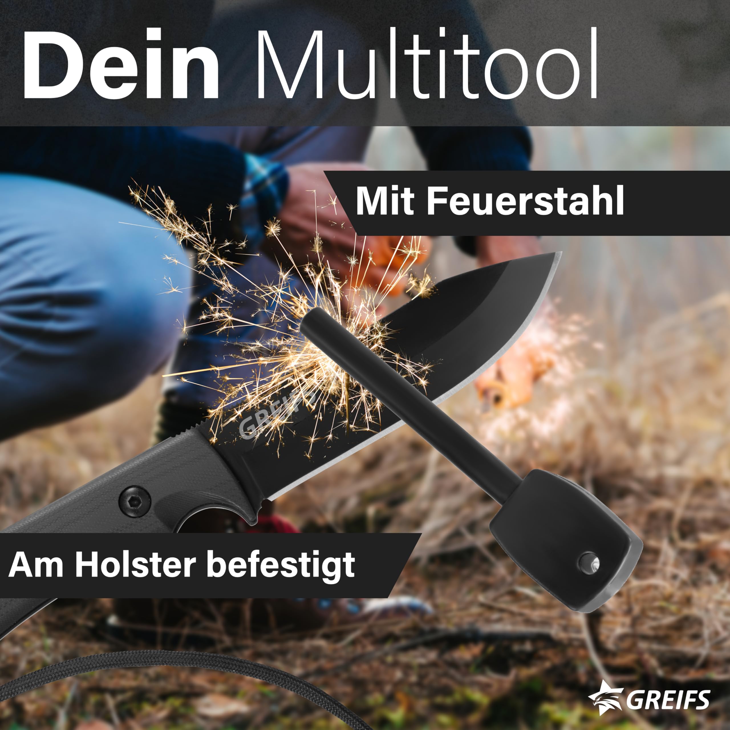 GREIFS® Outdoor-Messer aus D2 Stahl mit Kydex Holster und Feuerstahl, edles Survival Messer für die Bushcraft Ausrüstung, Jagdmesser, Schnitzmesser, Fahrtenmesser (Milan/Schwarz) 3