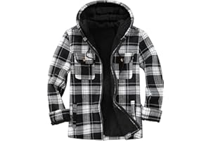 Ephemoca Men's Flannel Plaid Hooded Jackets Full Zip Sherpa Fleece Lined Hoodies Fashion Warm Coat