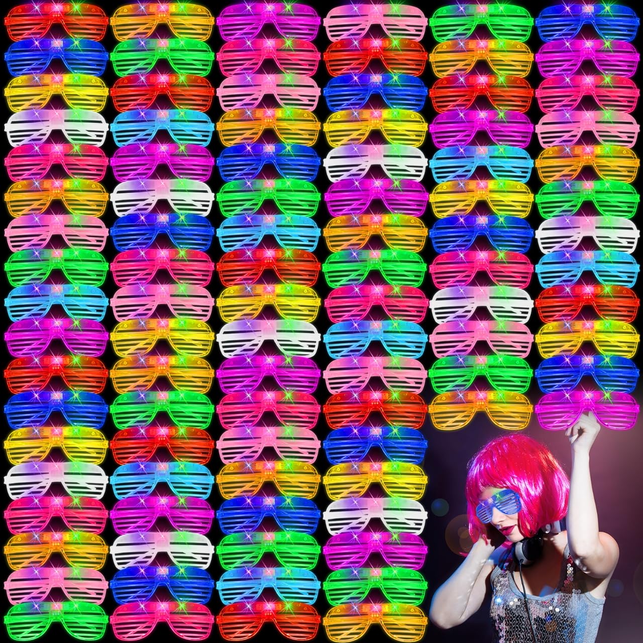 Photo 1 of 100 Pack Light Up Glasses, LED Glasses 10 Neon Color Led Glasses, Shutter Shades Glow Stick Sunglasses, Neon Party Supplies for Kids Adults Birthday Wedding New Year Glow Toys Cosplay Christmas