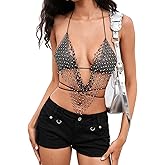 SweatyRocks Women's Glitter Rhinestone Criss Cross Halter Tops Backless Sleeveless Asymmetrical Party Crop Tops
