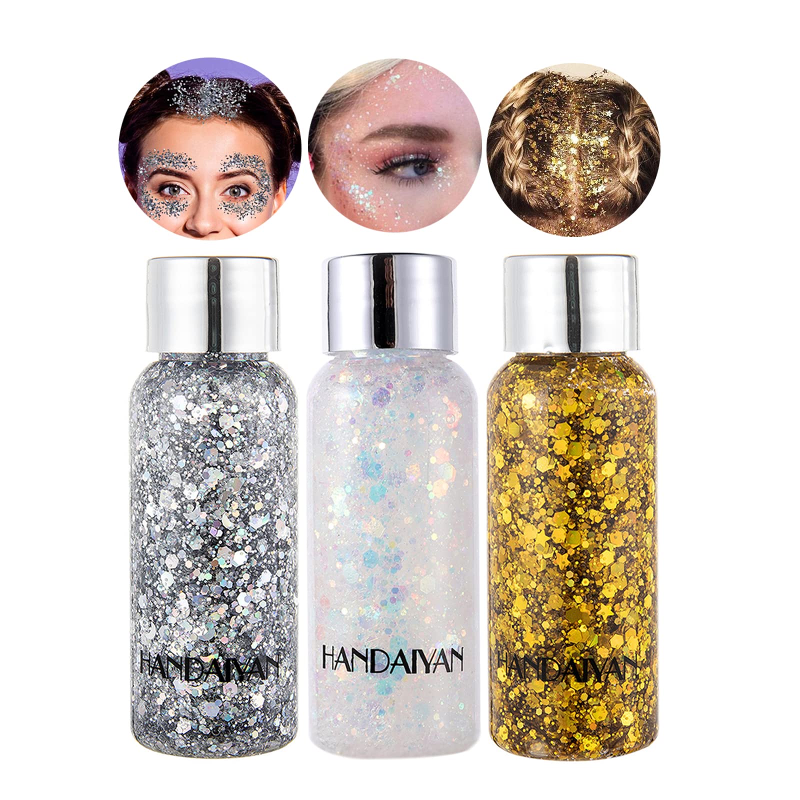 Mermaid Sequins Chunky GlitterLiquid Eyeshadow Glitter Body Gel Festival Glitter Cosmetic Face Hair Nails Makeup Long Lasting Sparkling 30g-Silver+White+Gold