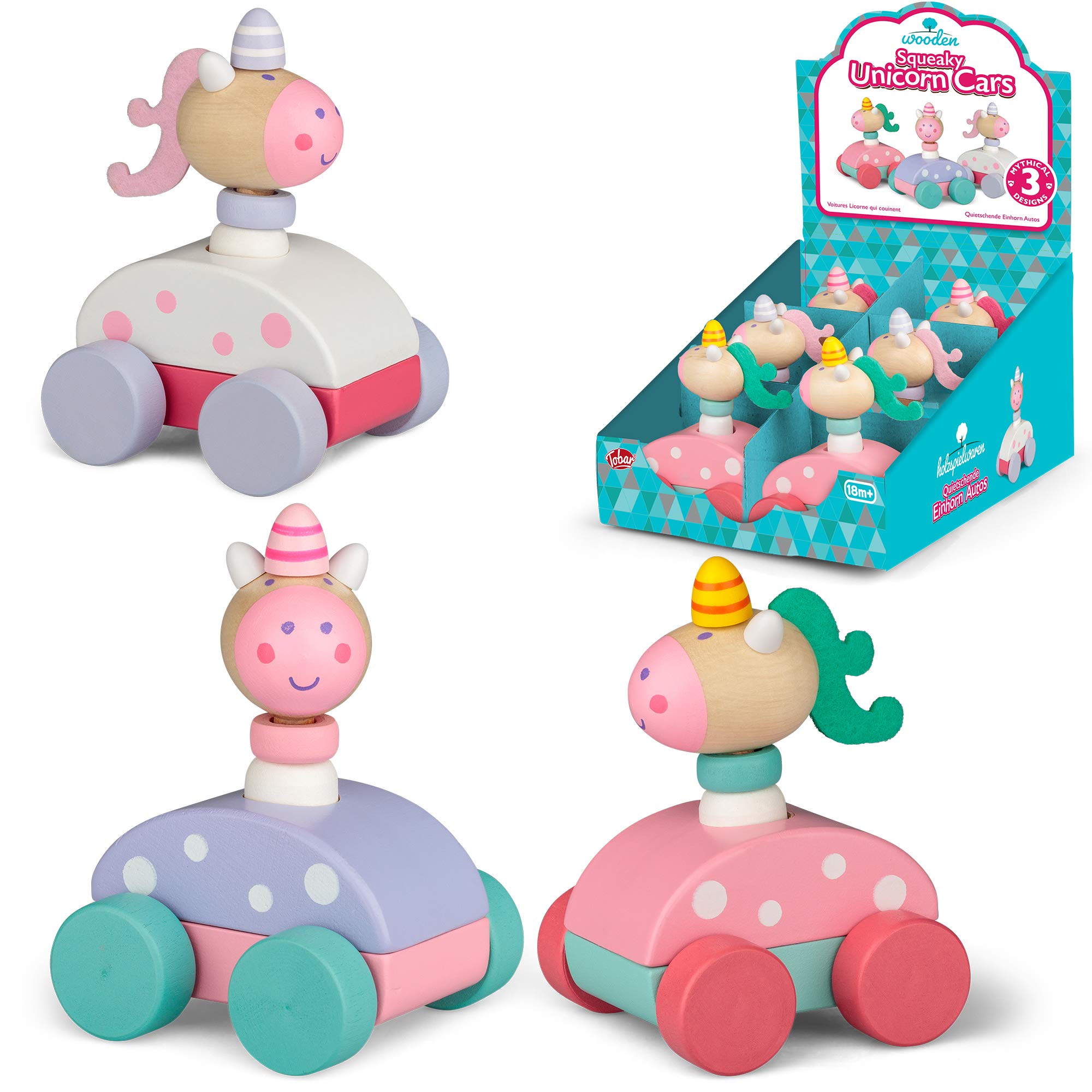 Tobar Wooden Painted Squeaky Unicorn Toy Car – 1 Design Sent at Random