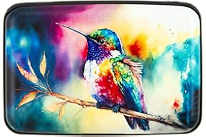 Kaabao Credit Card Holder for Women Men RFID Blocking Wallet Small Business Metal Slim Mini Aluminum Hard Case (Watercolor Painting Hummingbird)