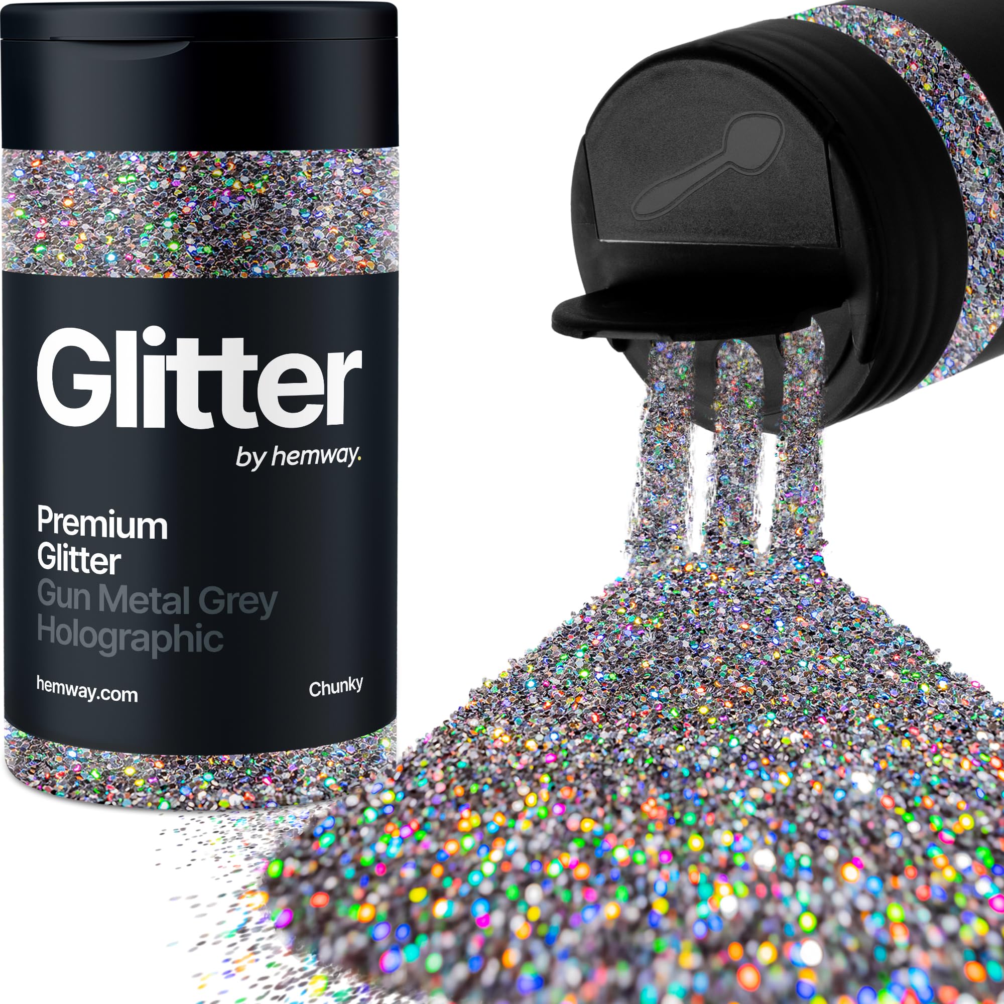 Holographic Gun Metal Grey Glitter Shaker, 130g Chunky Glitter, Crafts 1/40" Metallic Flake Gun Metal Grey Sequins, Resin & Epoxy Crafts, Decorating, Halloween, Christmas Nail, Face, Hemway