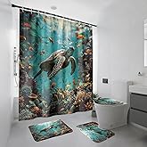 Kossmjx 4Pcs Sea Turtle Bathroom Set - Ocean Turtle Bathroom Shower Curtain Sets with 12 Hooks, 70" x 70"
