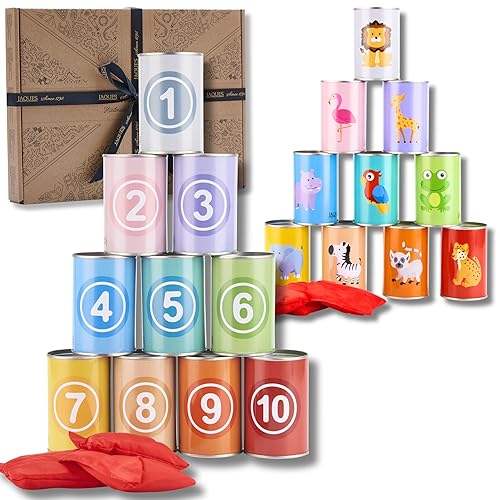 Jaques of London Premium Tin Can Alley Game | Throwing Outdoor Toy | Classic Bean Bag Toss Game for Kids 3+ | Outdoor Games for 3 Year Olds and over | Since 1795