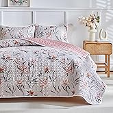 Shxime Floral Quilt Set 3 Pieces Queen Size Beige Gray with Pink Lily Flower Botanical Spring Quilt Bedding Set, Microfiber Lightweight Bedspread, Coverlet Set for All Seasons