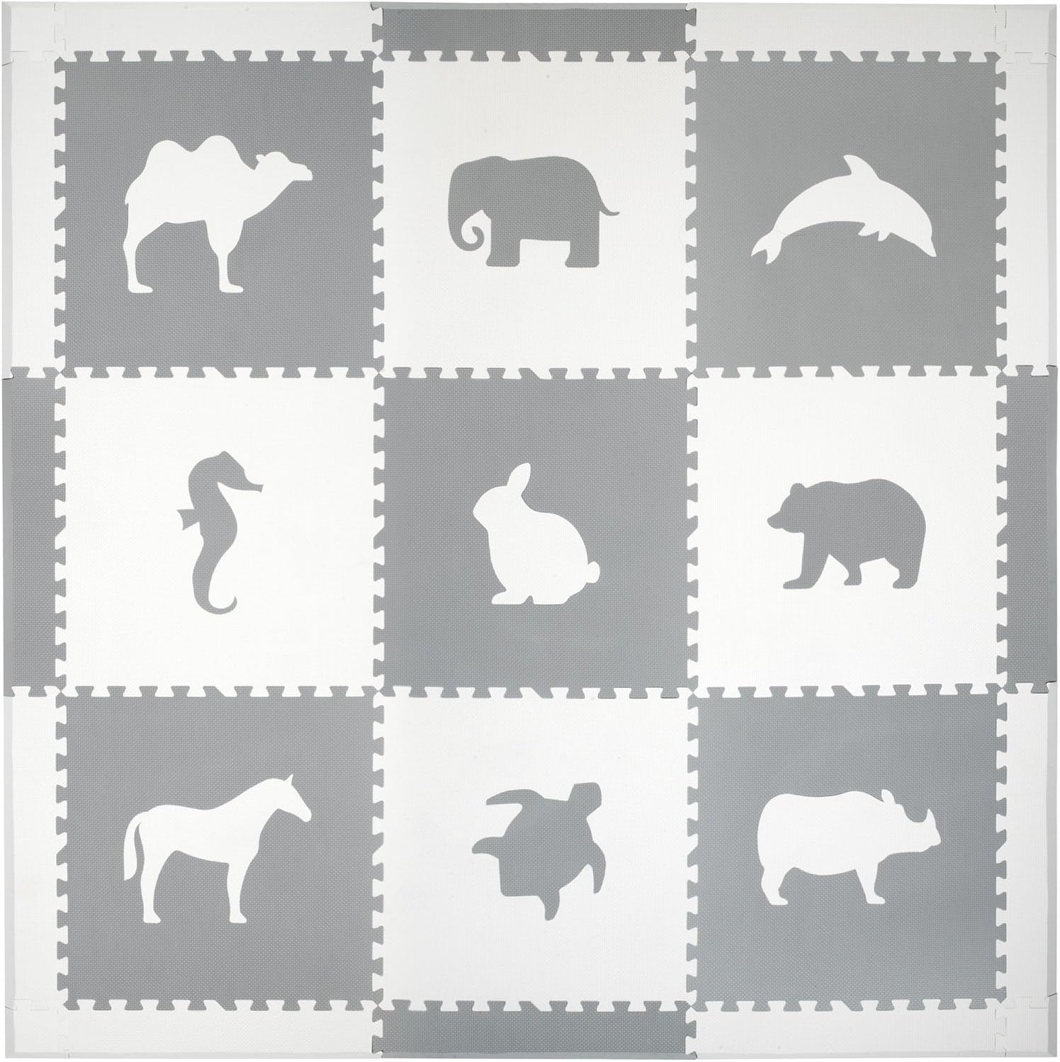 Foam Floors Extra Large Soft Mat for Babies and Kids, Safe Thick Non-Toxic Cute Animals (White and Gray)