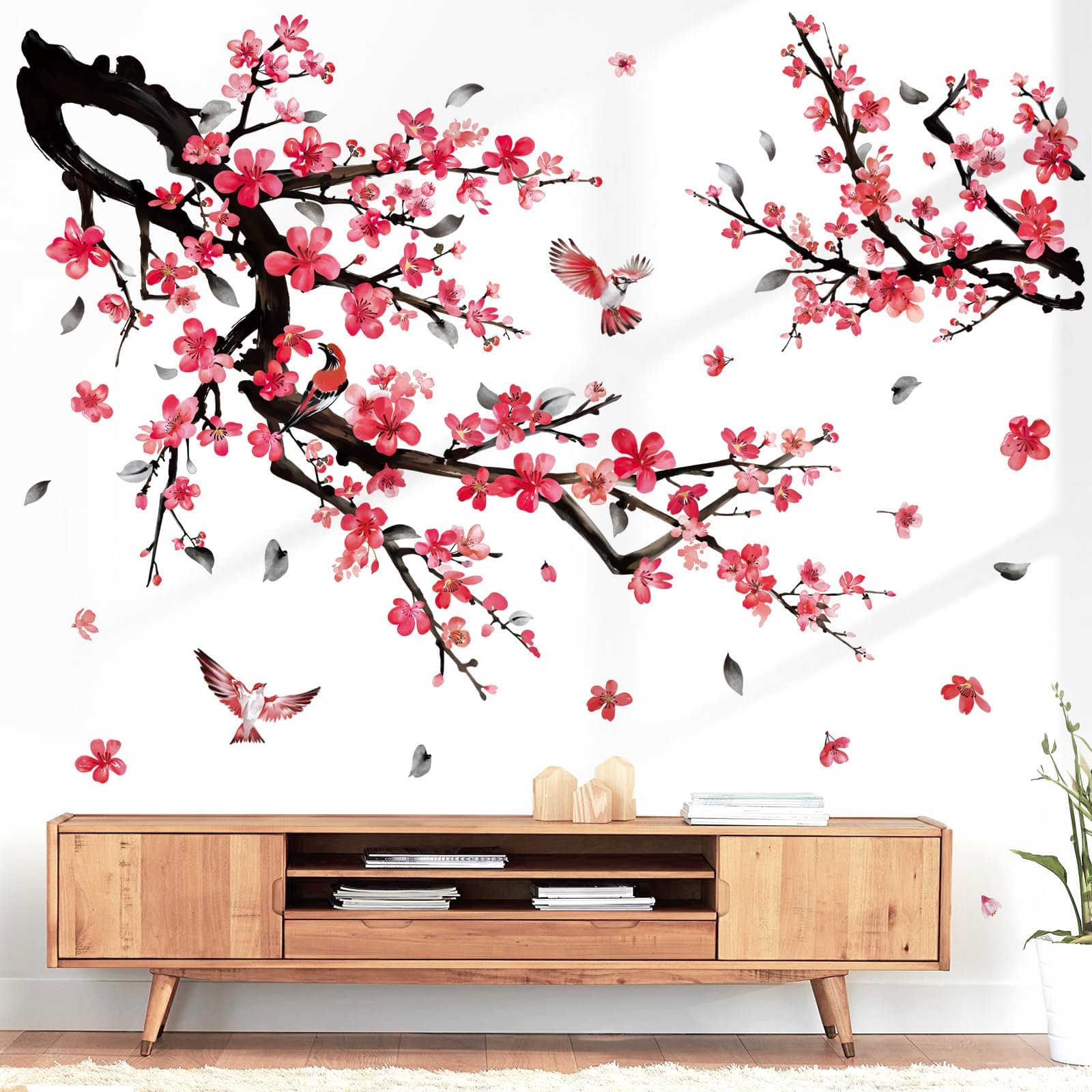 wondever Watercolor Plum Flower Tree Branch Wall Stickers Red Cherry Blossom Floral Birds Peel and Stick Wall Art Decals for Bedroom Living Room Sofa