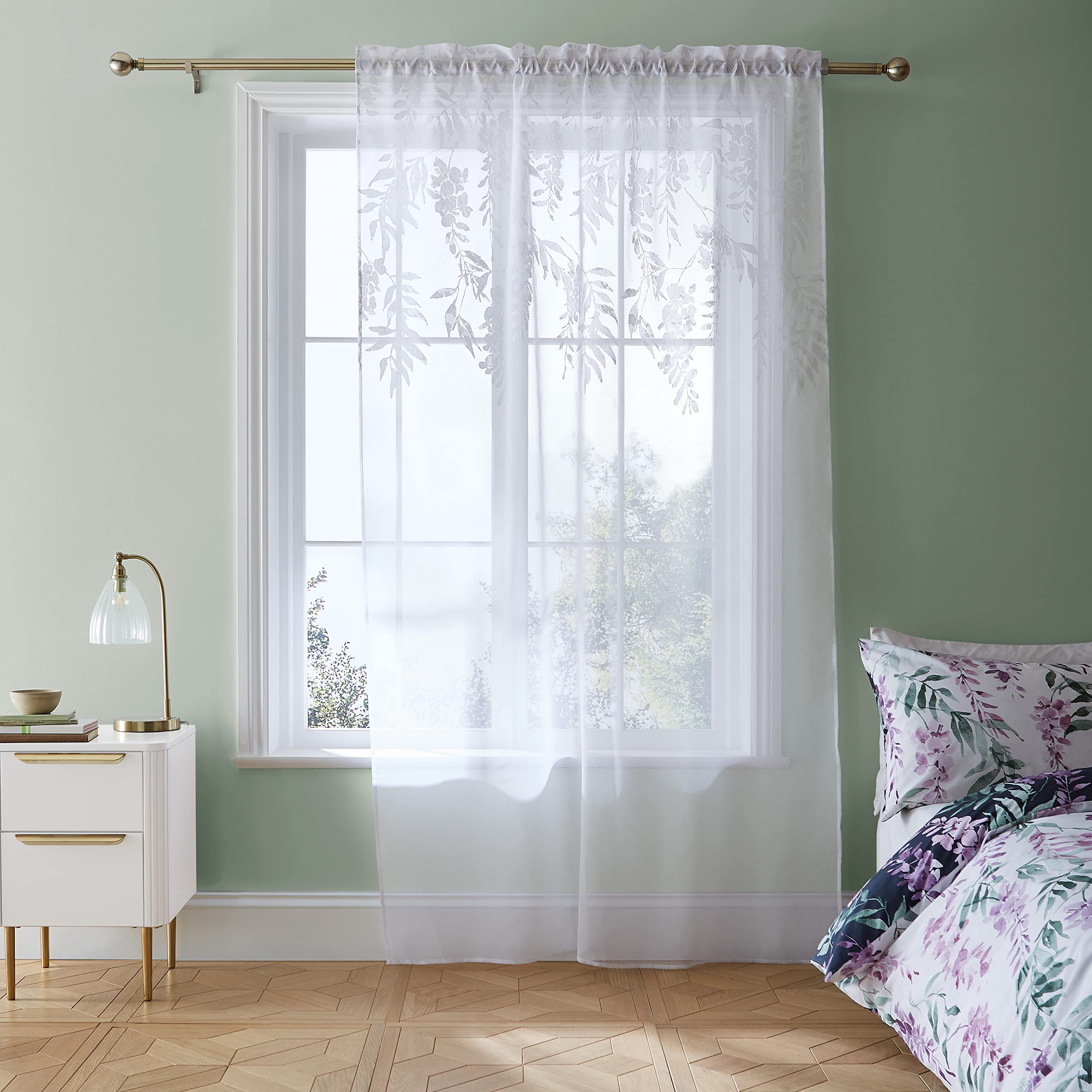 Catherine Lansfield Living Wisteria Floral 55x72 Inch Slot Top Curtain Panel White — image 1