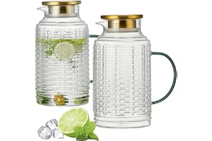 Buaic Glass Pitcher with Lid, 2 PACK 68 oz/2L Liter Vintage Water Pitcher, Clear Borosilicate Glass Water Carafe for Cold Brew, Coffee, Lemonade, Iced Tea,Beverage, Heat Resistant Water Glass Jug