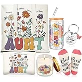 Funnymoom 6 Pcs Auntie Gifts for Women, Best Aunt Brithday Gifts from Niece Nephew with 17 oz Glass Cup Canvas Tote Bag for Auntie Birthday Wedding