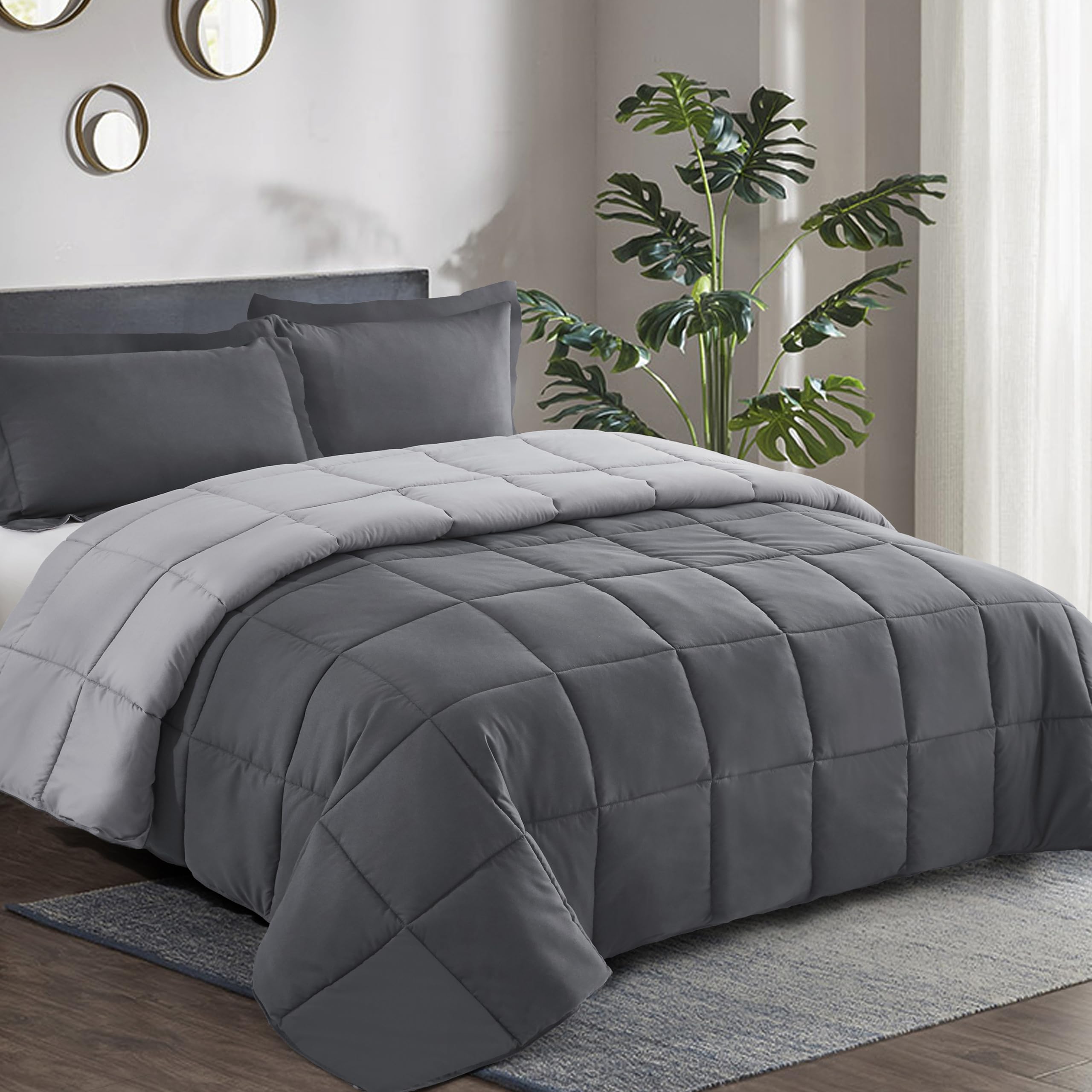 HIG 2 Pieces Grey Reversible Coverless Duvet Single - 135 x 200cm - OEKO-TEX Certified - 10.5 Tog Duvet with Corner Tabs - Down Alternative Comforter with 1 Sham - Machine Washable