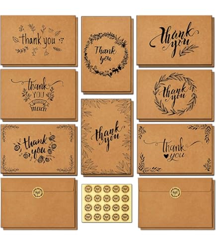 YUZNA - 10 Cartes De Remerciement DIY Avec Enveloppes Kraft Et Autocollants - 12x18 Cm - Parfait Pour Maîtresse, Cadeaux - 2