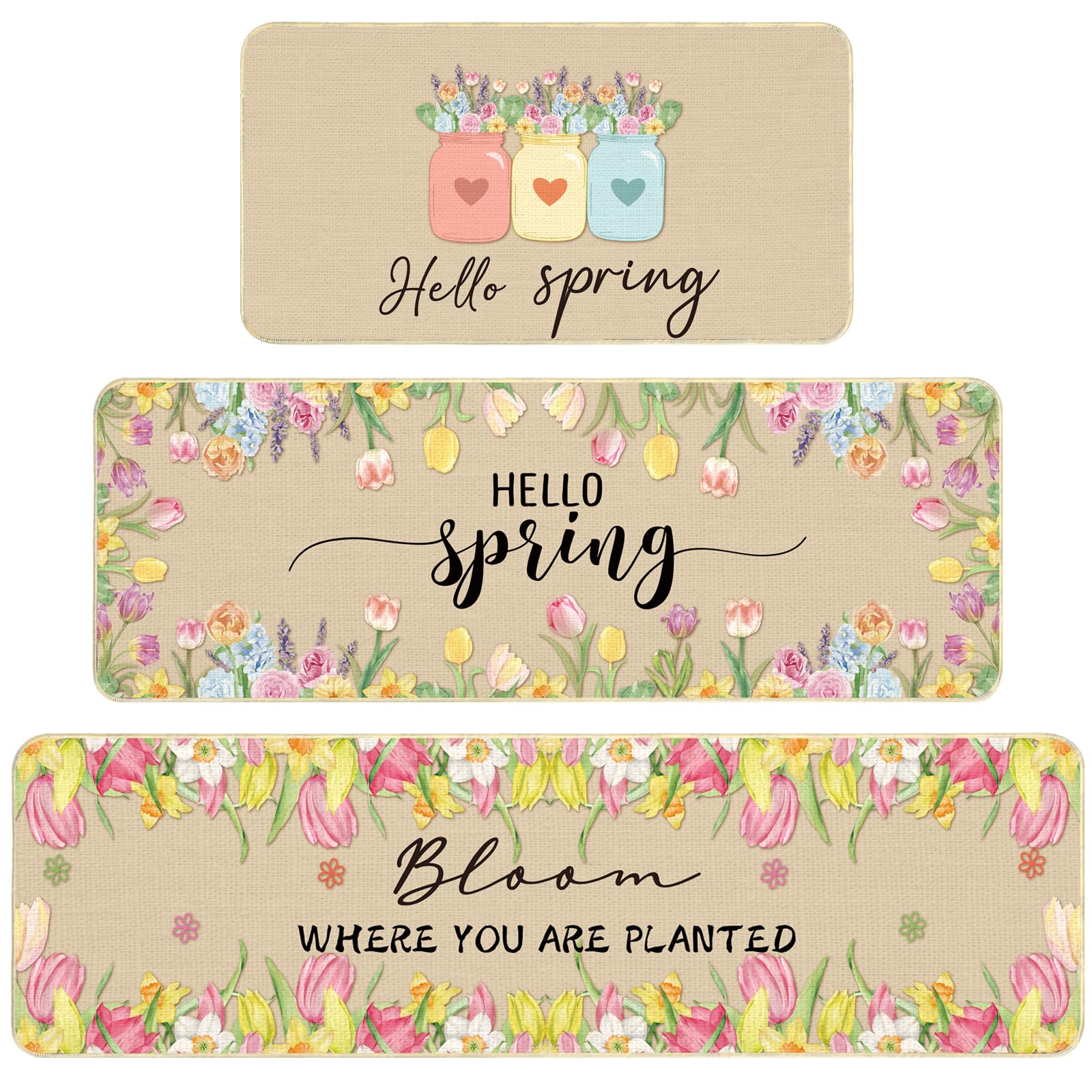 Tinideya Hello Spring Kitchen Rugs and Mats Set of 3, Spring Flowers Vase Floral Kitchen Mat Non Slip Bloom Doormat Easter Funny Washable Kitchen Bathroom Decor,17 x 59,17 x 47,17 x 32 in