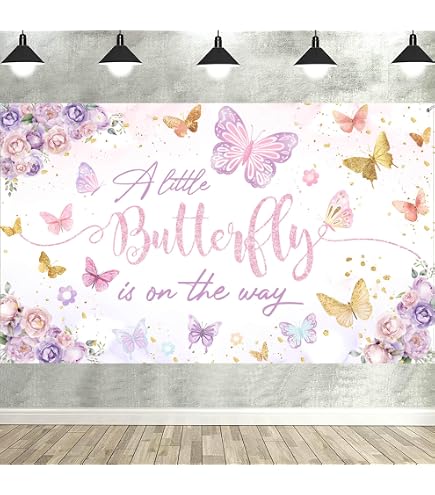 Babyparty Hintergrund ‚A Little Wildflower Is On The Way‘ – Vinyl, 210x150 Cm, Mit Wildblumen & Schmetterlingen