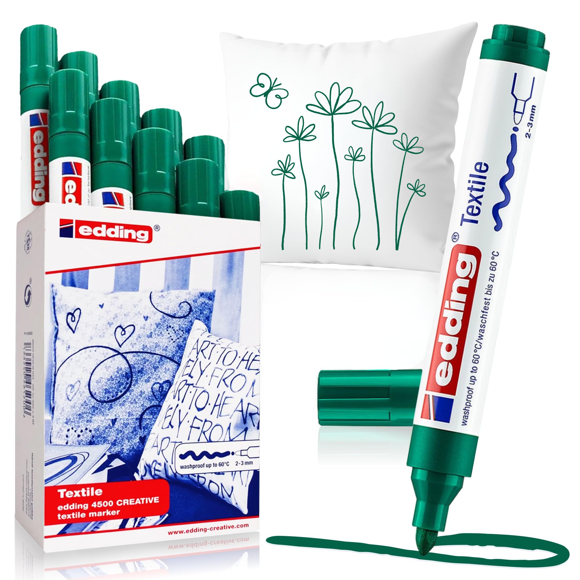 edding 4500 textile marker - green - box of 10 - round nib 2-3 mm - permanent fabric markers for drawing on textiles, wash-resistant up to 60 °C - marker pens for fabric lettering