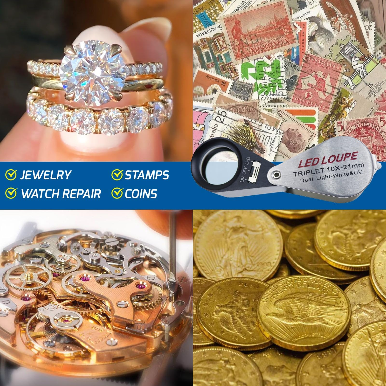 Gain Express Jewelers Loupe Magnifier, Jewelry Loop Magnifier with Light, Hastings Triplet Loupe 10X for Coin, Gem, Stamp, Diamond etc (White LED & UV Light)