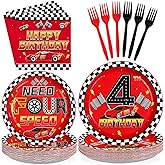 Greencian 96Pcs Race Car Need Four Speed Birthday Decorations 4th Birthday Party Plates and Napkins Racing Themed Disposable Tableware Set for 4 years old Boys Transportation Party Serve 24