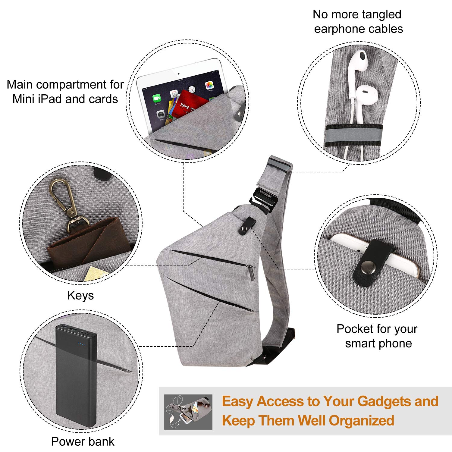 ANCHEER Canvas Sling Chest Bag, Small Unisex Vintage Messenger Crossbody Backpack for Traveling School Dating Shopping & Outdoor Activities (Sling Chest Bag_Gray)