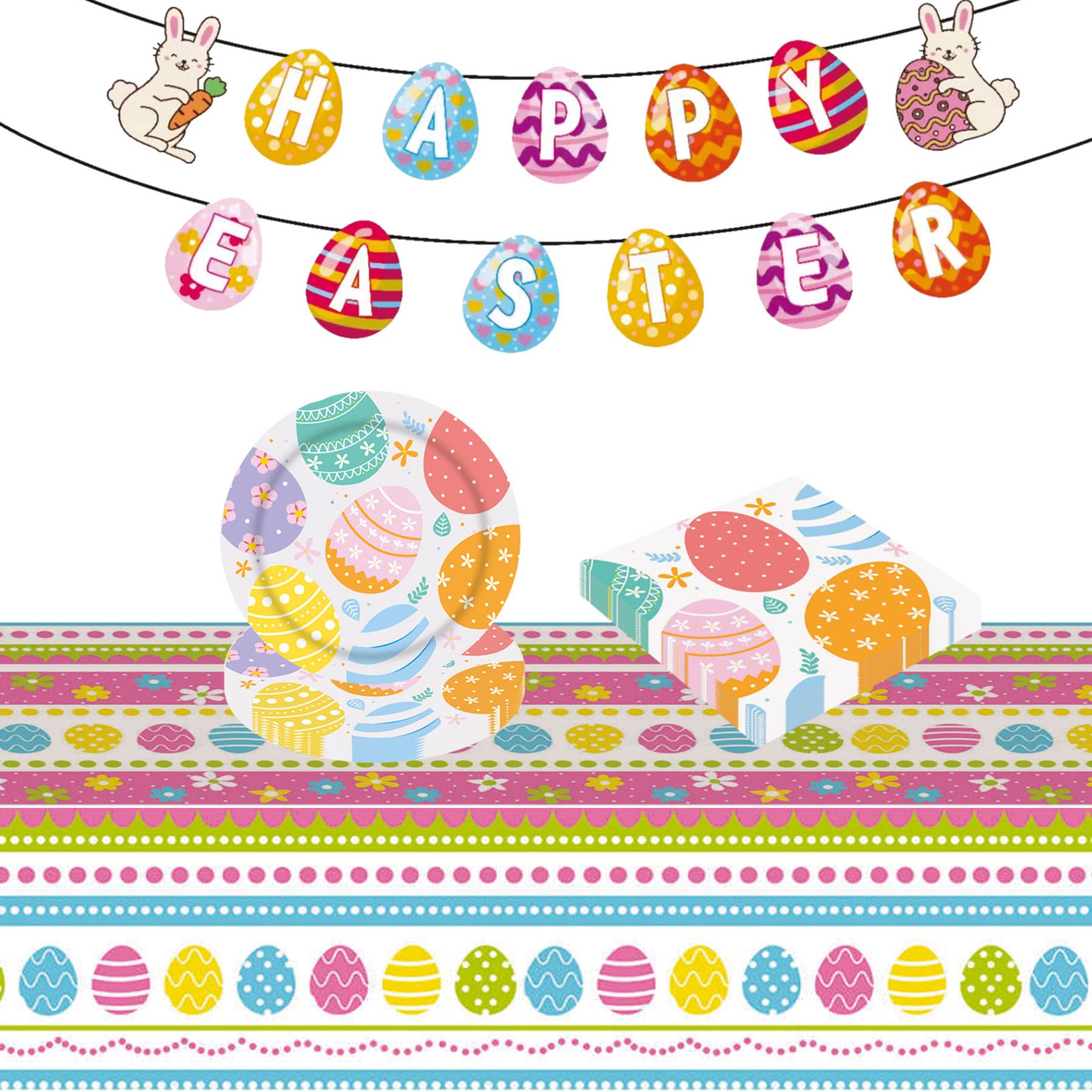 32Pcs Easter Party Disposable Tableware Kits Decorations for Egg Hunt,Egg and Rabbit Party Table Cloth,7inch Paper Plates,Paper Napkins Tableware for Spring, Egg Game,Bunnies Rabbit Kids Party Decor