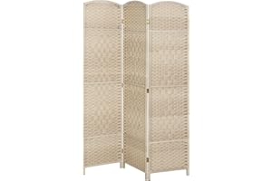 HOMCOM 3 Panel Room Divider, 6 Ft Tall Folding Privacy Screen, Freestanding Wood Partition Wall Divider with Hand-Woven Desig