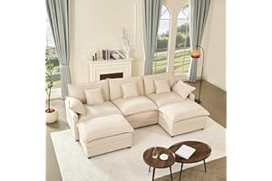 GOSUHI 108" U Shaped Couch, Modular Sectional Sofa, 3-Seater Comfy Cloud Couch with Movable Ottoman, Deep Seat Couches for Living Room, Linen, Beige