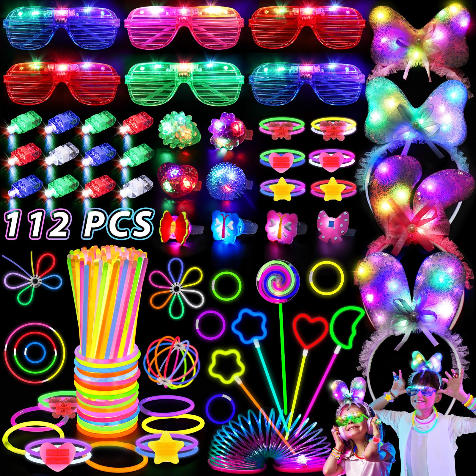 Photo 1 of 112PCS Glow in the Dark Party Supplies for Kids Adults, Light Up Party Favors with Light Up Glasses, 50 Glow Sticks Bulk Pack for DIY Bracelets Necklaces, Neon Party Supplie Decorations for Halloween