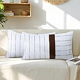 Cythasily Farmhouse Decorative Pillow Cover, Stripe Patchwork White Linen and Brown Faux Leather Throw Pillow Covers 12x20 Inch Lumbar Set of 2, Modern Accent Pillows for Couch Sofa Bed Living Room