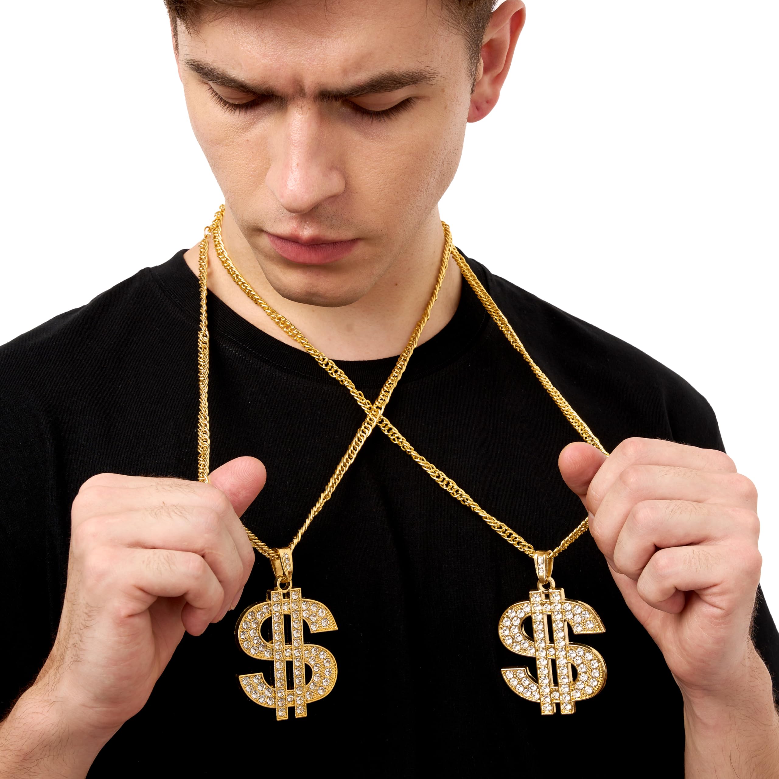 Spooktacular Creations 2 pcs Gold Dollar Chains Necklaces, Money Pendant Chain Hip Hop Dollar Sign Necklace Jewelry Halloween Accessory for Men Women Dress Up Party