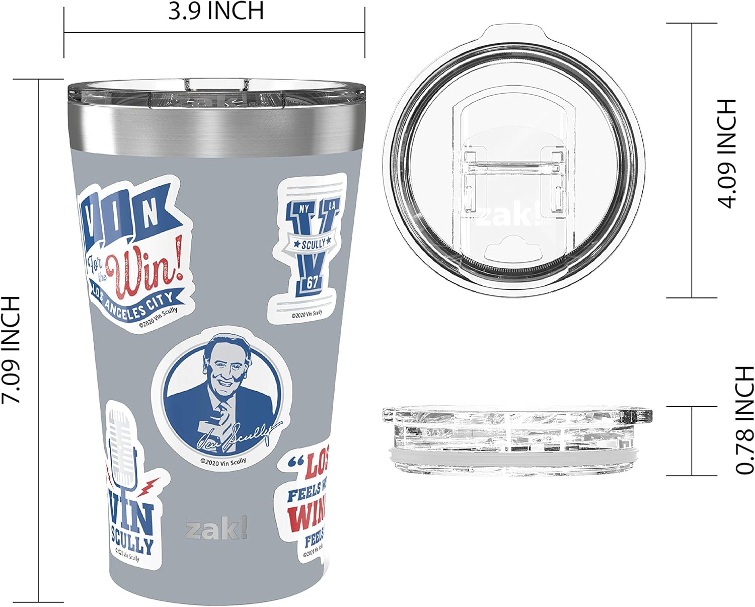  | Zak Designs 18/8 Vacuum Insulated Stainless Steel Travel Press-In Lid and Splash-Proof, Includes Vin Scully Vinyl Personalized Design, Non BPA, 20oz Sticker Tumbler: Tumblers & Water Glasses