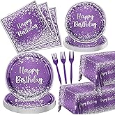 purple and Silver Plates and Napkins Party Supplies,Purple Glitter Sliver Birthday Party Tableware Purple Dessert Plates Napkins Tablecloth Forks for Girl Women Birthday Supplies,Serve 20