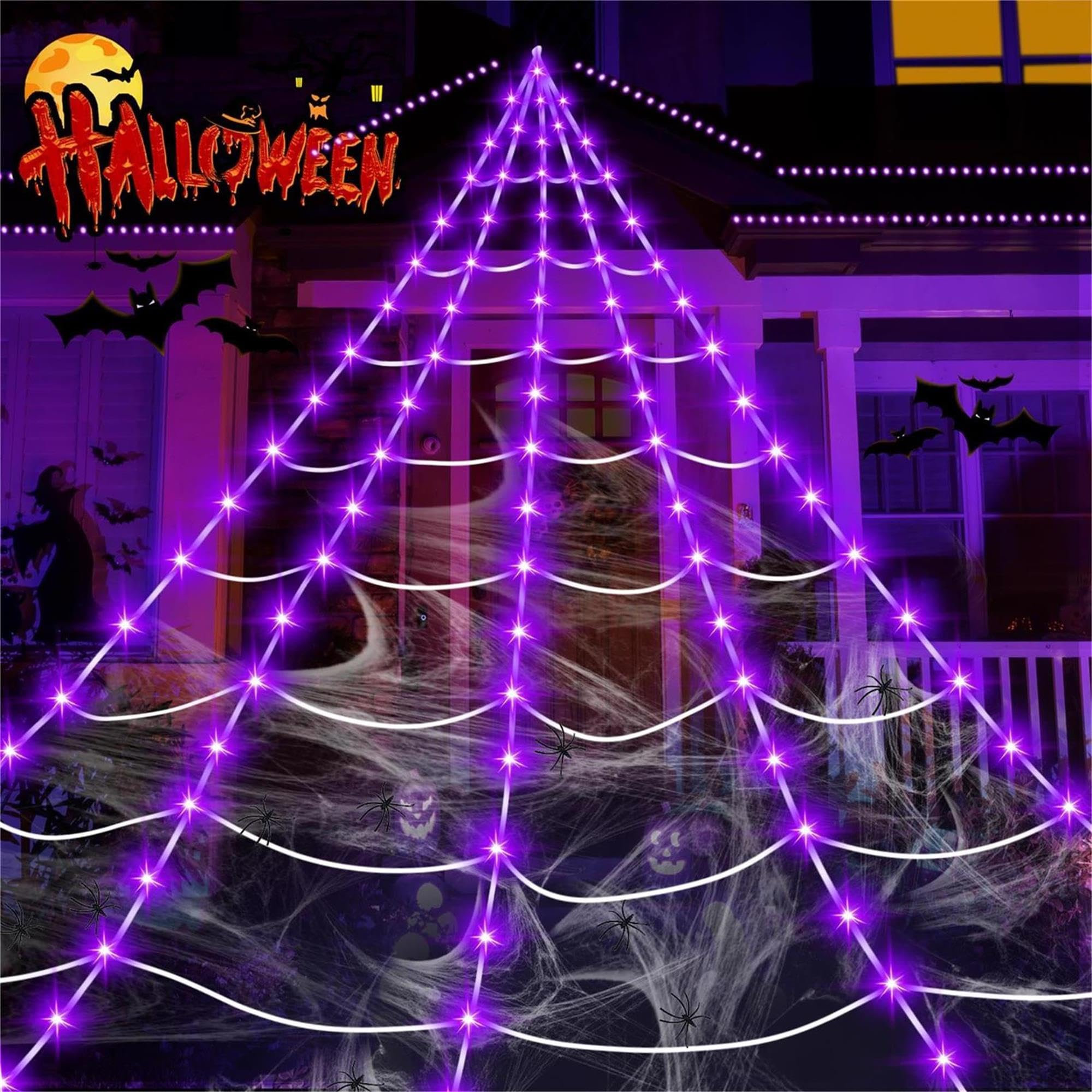 Photo 1 of uesreaxy Halloween Decorations Outdoor, 250LED 23x18 FT Giant Spider Web with Purple Lights, Lighted Triangular Black Spider Web with Sturdy Wire, Waterproof, Timer, 8 Modes for Yard Halloween Décor