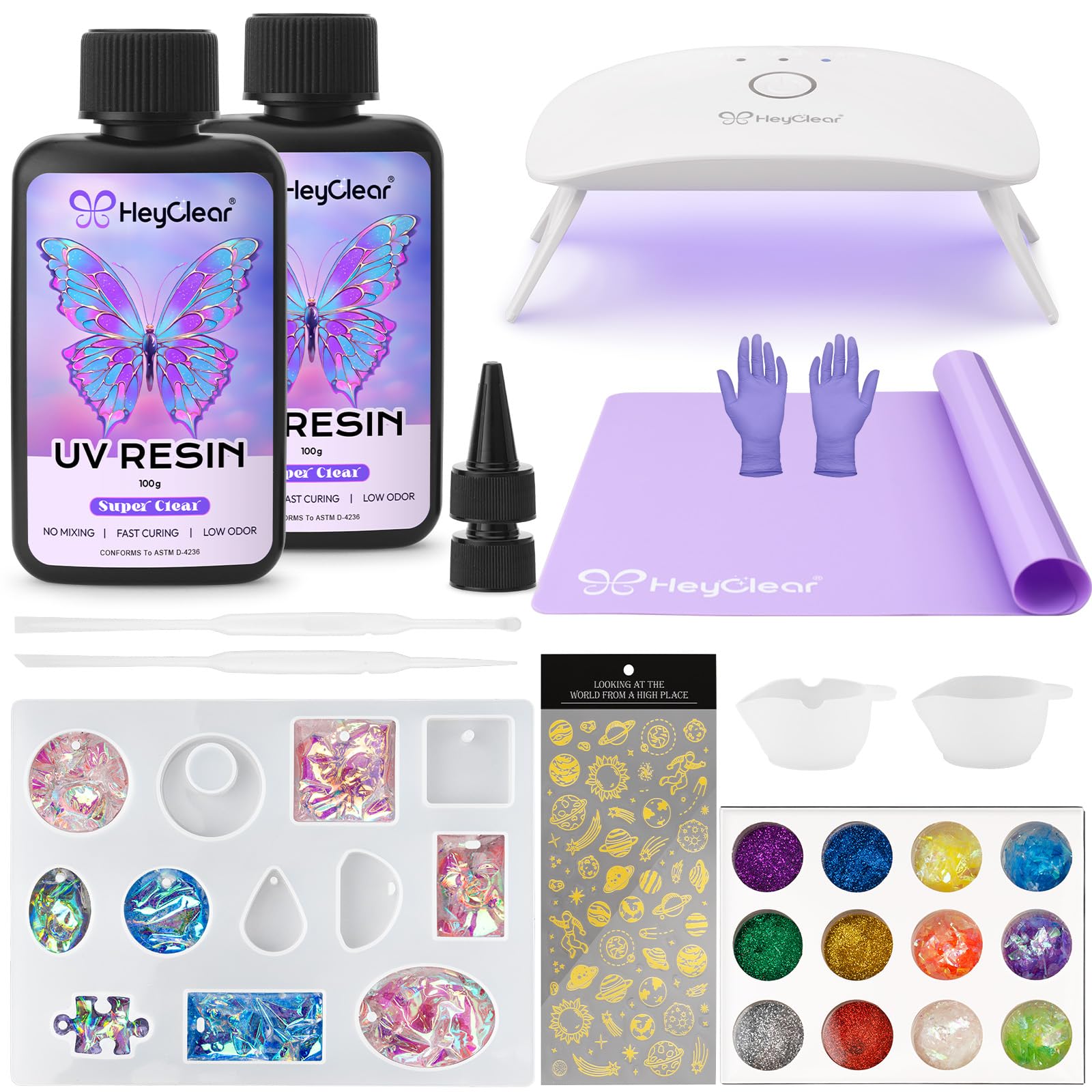 Photo 1 of HeyClear UV Resin Kit 200g with UV Light, Molds and Casting Tools -Super Clear, Hard, Low Odor, Premixed and Fast Curing for Coating, Jewelry Making, DIY Craft Decorations