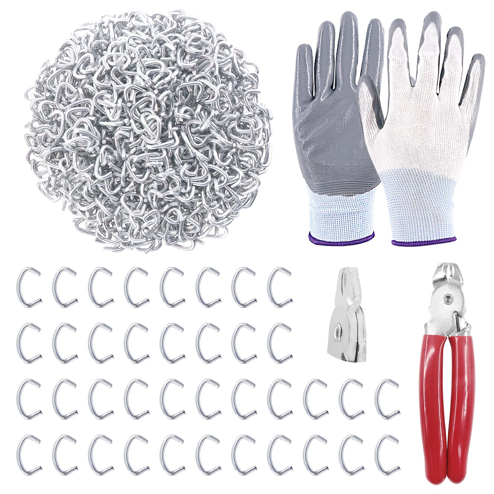 Cimeton 1002Pcs 3/8" Galvanized Hog Rings Assortment Kit Including 1000Pcs Hog Rings, 1Pc Straight Hog Ring Pliers and 1Pair Protective Gloves Professional Upholstery Hog Rings Installation Kit
