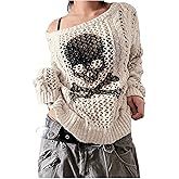 SHENHE Women's Skull Print Hollow Out Loose Knit Goth Grunge Off Shoulder Sheer Sweater
