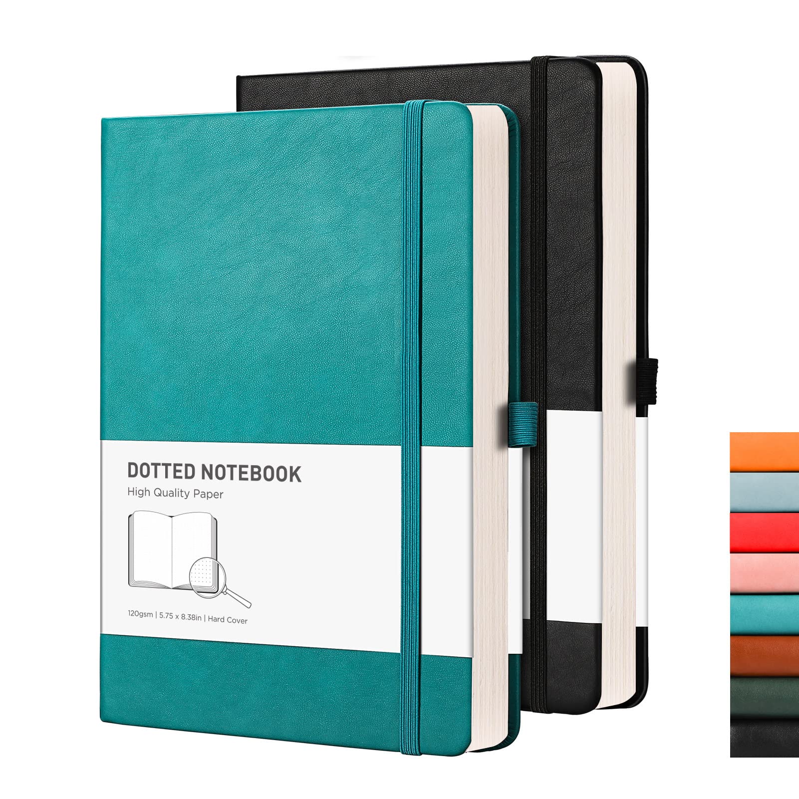 RETTACY A5 Dotted Notebook 2 Pack - Bullet Dot Grid Journal with 320 Numbered Pages Hardcover 120gsm Thick Paper, 8 Perforated Sheets, Pen Holder, Inner Pocket 14.5 x 21cm - Black Cyan