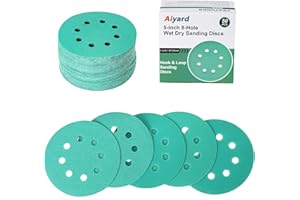Aiyard 5-Inch 8-Hole Wet Dry Sanding Discs 80/120/180/220/320 Assorted Grits, Polyester Film Backed Heavy-Duty Hook and Loop Sandpaper for Random Orbital Sander, 50-Pack