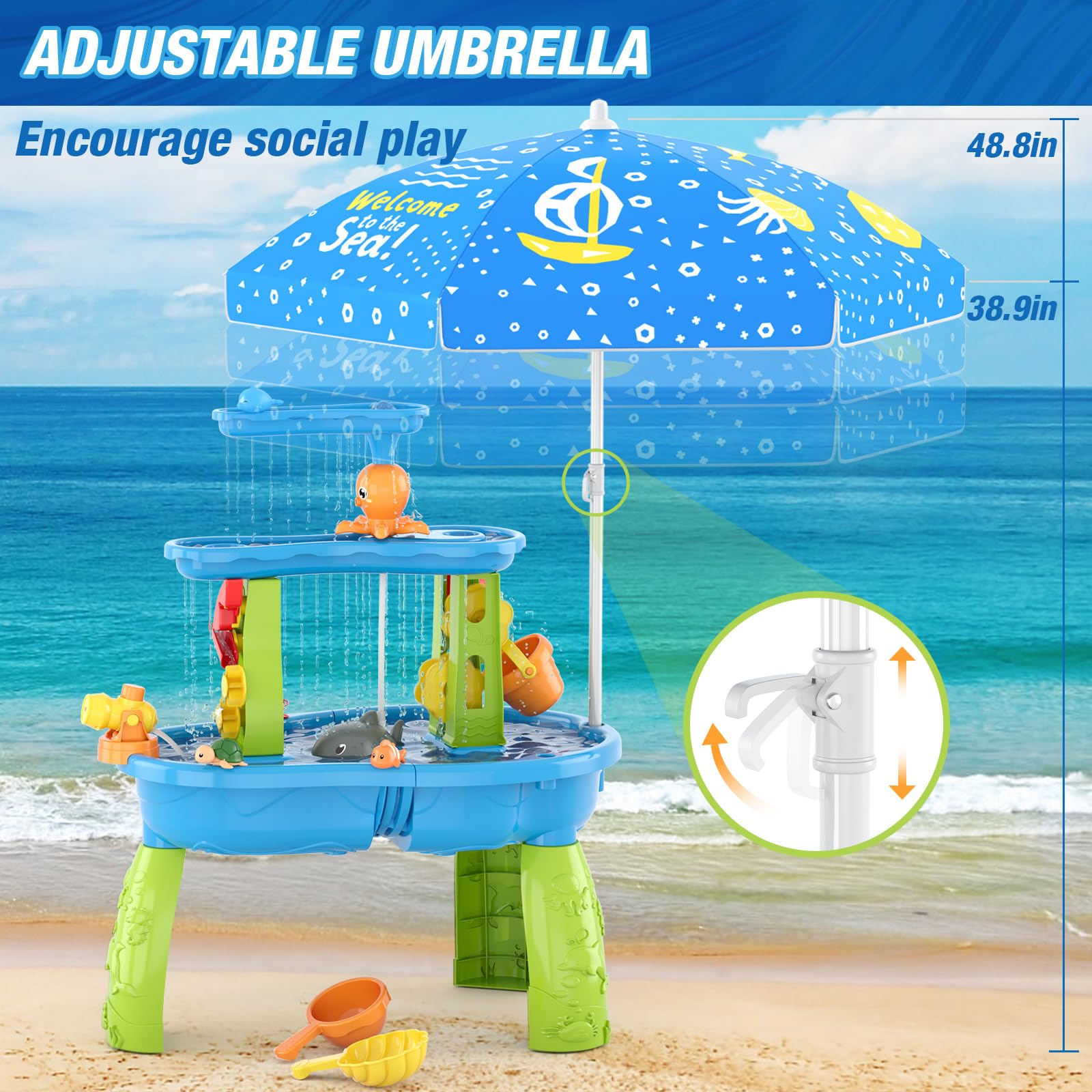 HYES 3-Tier Water Table for Toddlers 3-5 With Umbrella, Pump, Cover - Rain Showers Splash Pond for Outdoor Beach, Activity Sensory Play for Boys Girls
