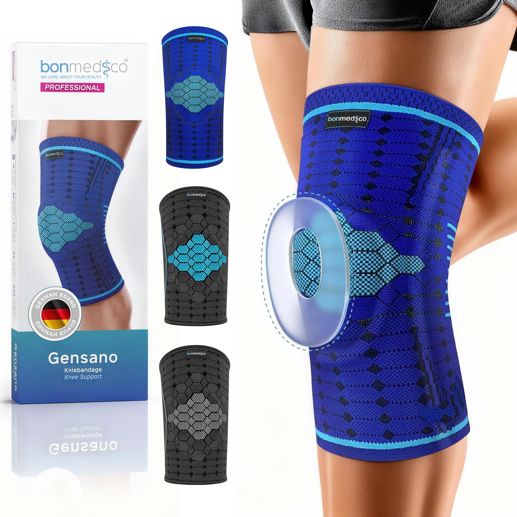 bonmedico Professional Gensano Knee Bandage for Women & Men – Sports Brace with Silicone Patella Strap – Non-Slip, Breathable Fit for Left/Right Knee – Stability for Active Use, S, Blue + Free E-Book