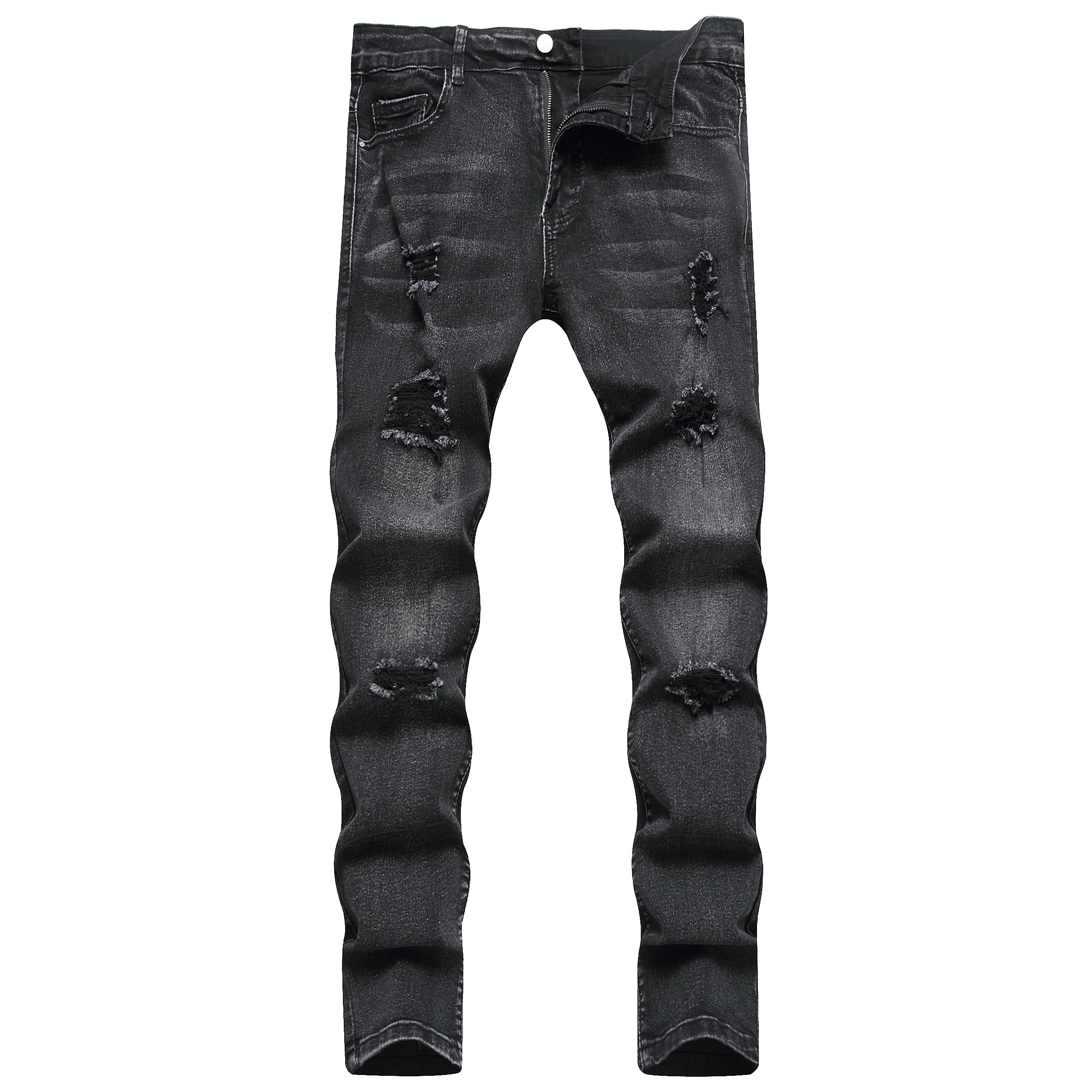 Photo 1 of TIRANGER C Men's Ripped Skinny Slim Fit Stretch Distressed Destroyed Jeans Denim Pants GrayBlack 30