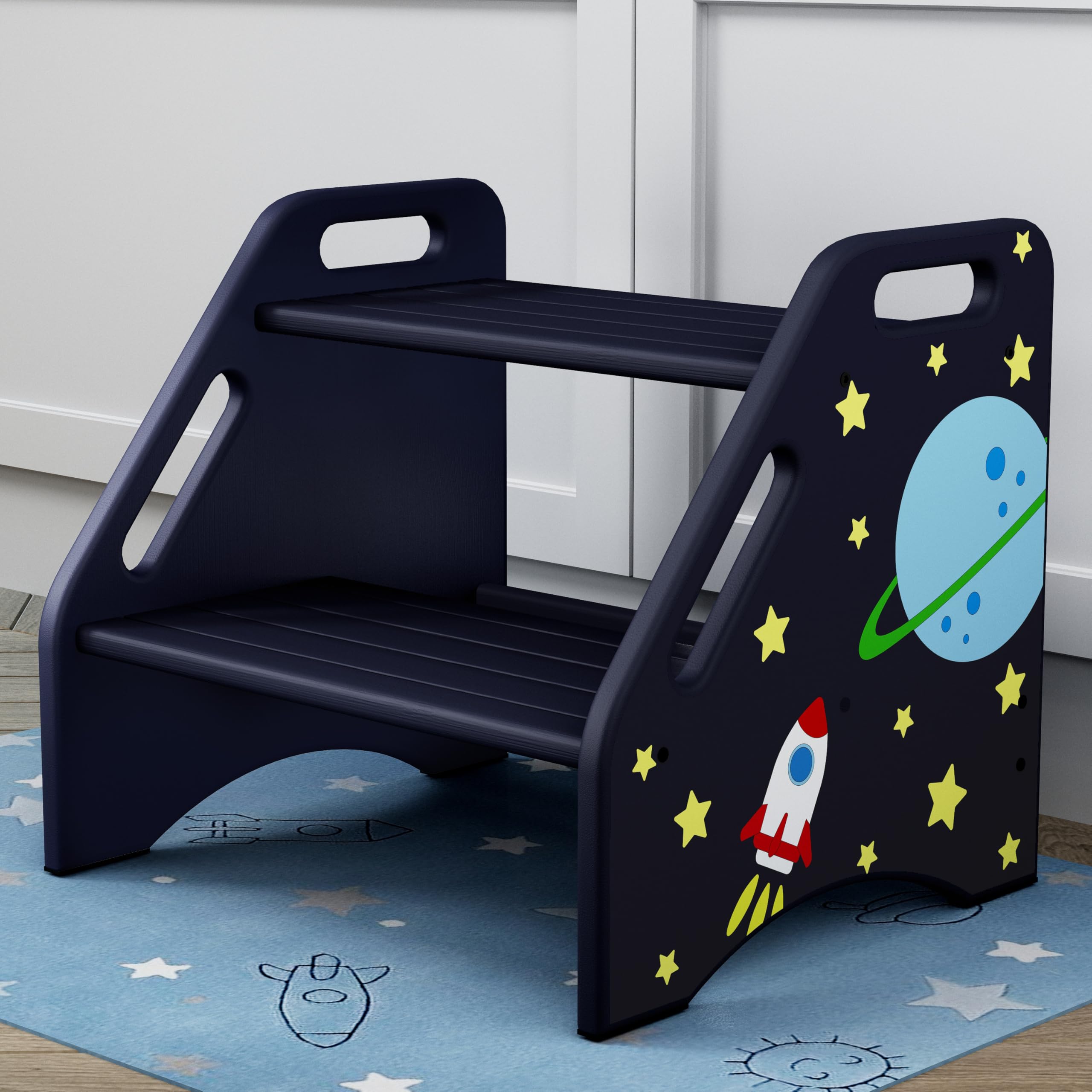 Photo 1 of AMBIRD Toddler Step Stool, Space Wooden Two Step Stool for Kids with Non-Slip Pads, Portable Potty Training Stool with Handles for Bathroom, Sink, Kitchen, Bedroom